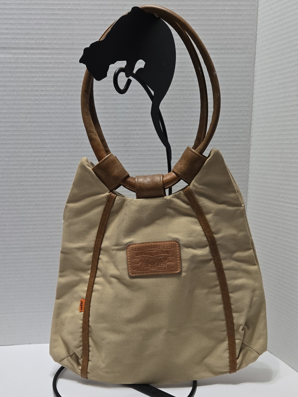 Levi's beige cotton canvas tote W/ brown leather trim & structural top handles